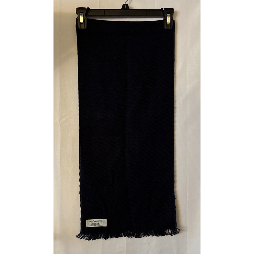 2 Vintage Made‎ in USA Navy Blue Fringe Superfine Acrylic Checked Scarf 12x50